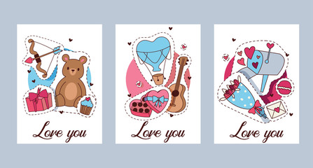 Happy Valentines day vector illustration. Set of Valentines romantic greeting card, invitation, poster templates. Love you. Hearts, bear toys, gifts, sweets, guitar, cupcakes stickers.