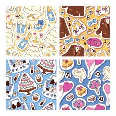 Wedding stickers seamless pattern vector illustration. Wedding patches, cakes, outfits for bride and groom, jacket, bow, white dress, shoes, cupcakes, bunch of flowers, ring, champagne.