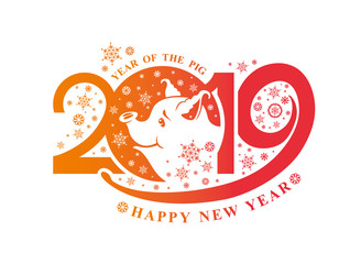 Year of the Pig. 2019. Flat pattern 2019 and smiling very cute pig and snowflakes. Vector template New Year's design on the Chinese calendar. 