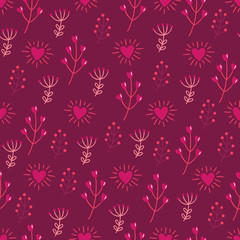 St. Valentine's Day seamless pattern with branches, hearts, berries, herbs