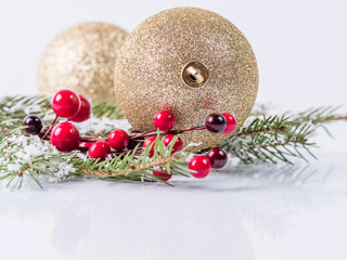 Christmas balls, Christmas tree branches on a white background - 239587643