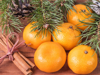 Christmas composition with fir branches, mandarins - 239587647