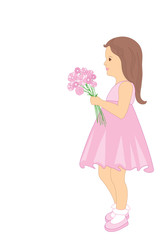 Child with a bouquet of flowers. Little girl with spring flowers. Mother's day greetings. Vector