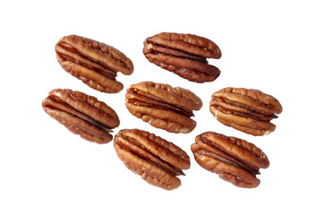 Seven shelled pecan nuts isolated on white background