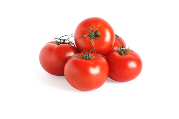 Five ripe tomatoes on white background