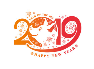 Year of the Pig. 2019. Flat pattern 2019 and smiling cute pig and snowflakes. Vector template New Year's design on the Chinese calendar.