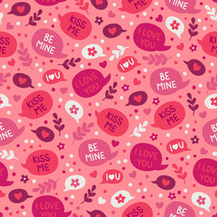 St. Valentine's Day seamless pattern with speech bubbles, flowers, hearts
