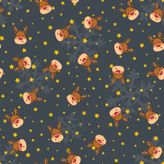 Vector christmas seamless pattern with geometric snowflakes, stars, Rudolph. Good for wrapping paper texture, posters, winter greeting cards, fashion design print texture.