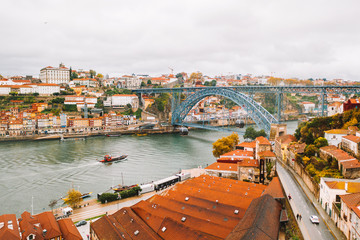 November 10, 2018. Porto, Portugal. Dom-Luis bridge at Porto in nPortugal. Barcos rabelos.