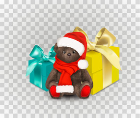 Sitting fluffy cute brown teddy bear toy with christmas santa claus hat and red long scarf. Children's toy isolated on transparent background with two gift boxes with bows or ribbons.