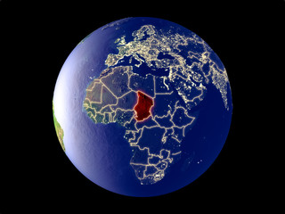 Chad from space on model of planet Earth with city lights. Very fine detail of the plastic planet surface and cities.