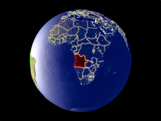 Angola from space on model of planet Earth with city lights. Very fine detail of the plastic planet surface and cities.