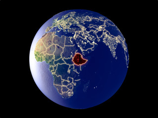 Ethiopia from space on model of planet Earth with city lights. Very fine detail of the plastic planet surface and cities.