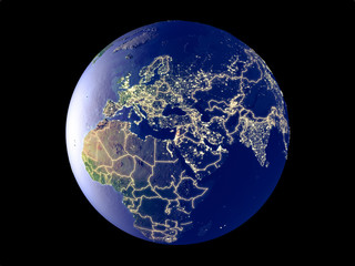 Lebanon from space on model of planet Earth with city lights. Very fine detail of the plastic planet surface and cities.