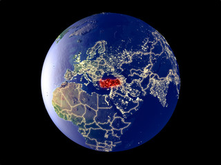 Turkey from space on model of planet Earth with city lights. Very fine detail of the plastic planet surface and cities.