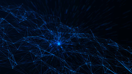 Connected polygons plexus geometric background. Abstract digital background with cybernetic particles. Big data background. 3d rendering.