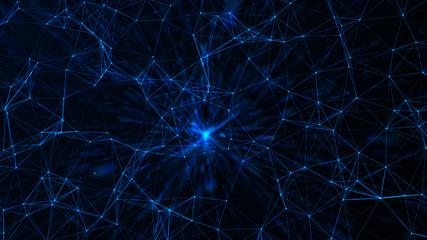 Connected polygons plexus geometric background. Abstract digital background with cybernetic particles. Big data background. 3d rendering.