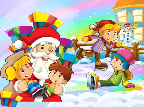 cartoon snow scene with santa claus and kids - illustration for children