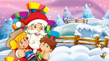 cartoon snow scene with santa claus and kids - illustration for children