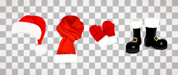 Collection of traditional red Santa Claus clothes, hat with fluffy fur pompon, scarf with snow, mittens and black boots isolated on transparent background. Vector illustration