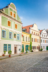 Colorful facades of houses in the historic center of the medieval town Cesky Krumlov, Czech Republic, Europe.