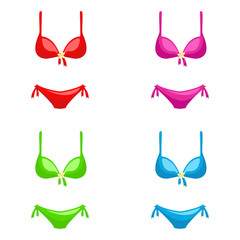 A set of women's swimsuits. Pink, red, salad and blue swimsuit with a flower. Summer. White background. Vector illustration. EPS 10.