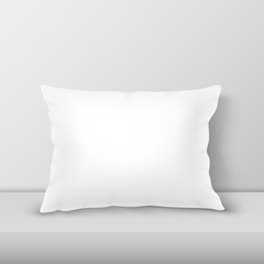 Fototapeta na wymiar Vector Realistic 3d White Pillow Closeup on Table, Shelf Closeup on White Wall Background, Mock-up. Empty Rectangular Pillow Design Template for Mockup, Branding, Logo Print. Home Decor. Front view