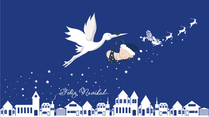 cigueña y bebe niña feliz navidad y próspero año nuevo -  stork with baby happy new year and merry christmas en spanish