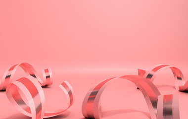 Pink and rose gold ribbon on pink studio background. Holiday festive party backdrop. 3d render illustration