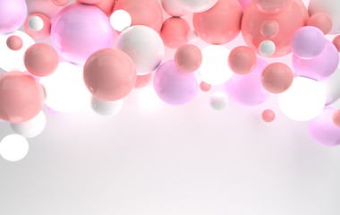 3d rendering of floating polished pink, purple and white spheres, ceiling lighting on white background. Abstract geometric composition. Group of balls in pastel colors with soft light and shadows