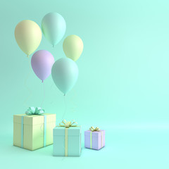 pink, purple and yellow balloons and gift box with bow 