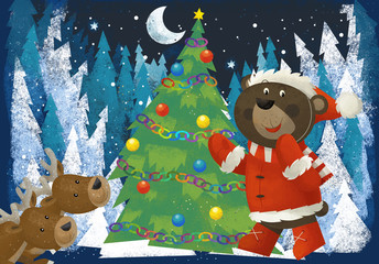 winter scene with forest animals reindeers and santa claus bear near christmas tree - traditional scene - illustration for children