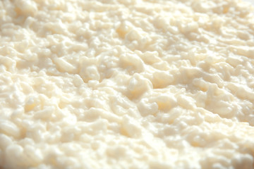 Delicious creamy rice pudding as background, closeup