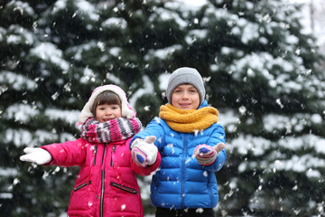 Happy children playing outdoors on snowy day