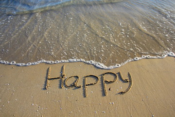 Happy write on sand the beach.Happy new year concept.