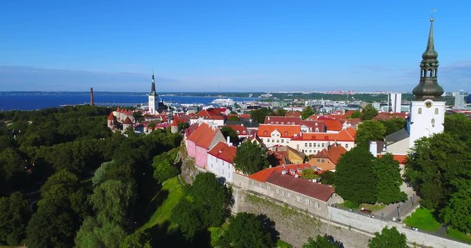 Aerial skyline of Tallinn with St Olaf's church and St Mary's Cathedral,