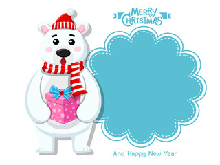 Merry Christmas and happy new year. Vector Greeting Card Cute Polar Bear. decorative element on holiday. posters, gift tags and labels.