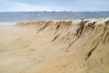 Sand dune facing Pacific Ocean waters at Tunquen Beach in Valparaiso region, an awesome and wild beach with a lot of wildlife because of it wetlands and turquoise waters an idyllic travel destination