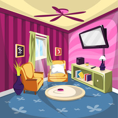 Clean Living room or TV Rooms Furniture with Sofa, Ceiling fan and desk full of book Cartoon Vector Architecture Decoration Ilustration Concept Idea
