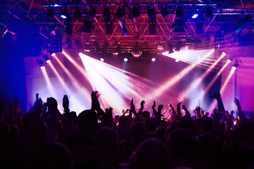 Fototapeta na wymiar silhouettes of concert crowd at rock concert