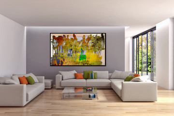 modern bright interiors apartment Living room 3D rendering illustration