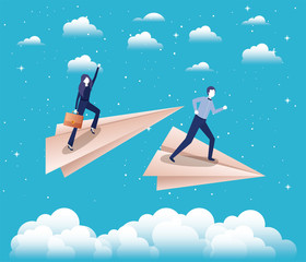 business couple in the sky with paper airplane