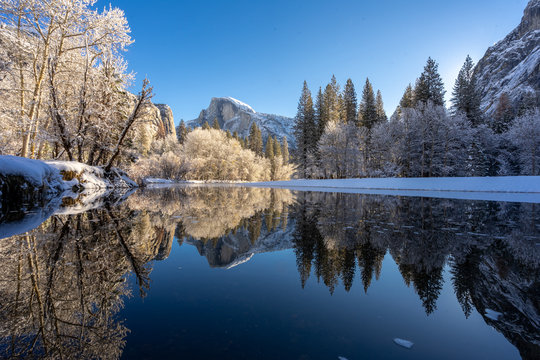 Half Dome Trees And River With Snow And Shadows