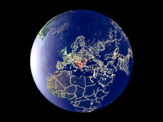 CEFTA countries from space on model of planet Earth with city lights. Very fine detail of the plastic planet surface and cities.