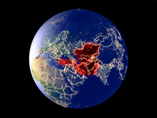 ECO member states from space on model of planet Earth with city lights. Very fine detail of the plastic planet surface and cities.