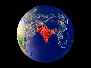SAARC memeber states from space on model of planet Earth with city lights. Very fine detail of the plastic planet surface and cities.