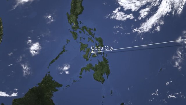 Commercial airplane flying to Cebu city, Philippines, 3D animation 