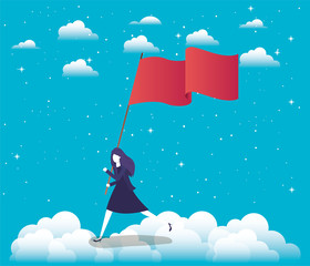 businesswoman with flag competing in the sky