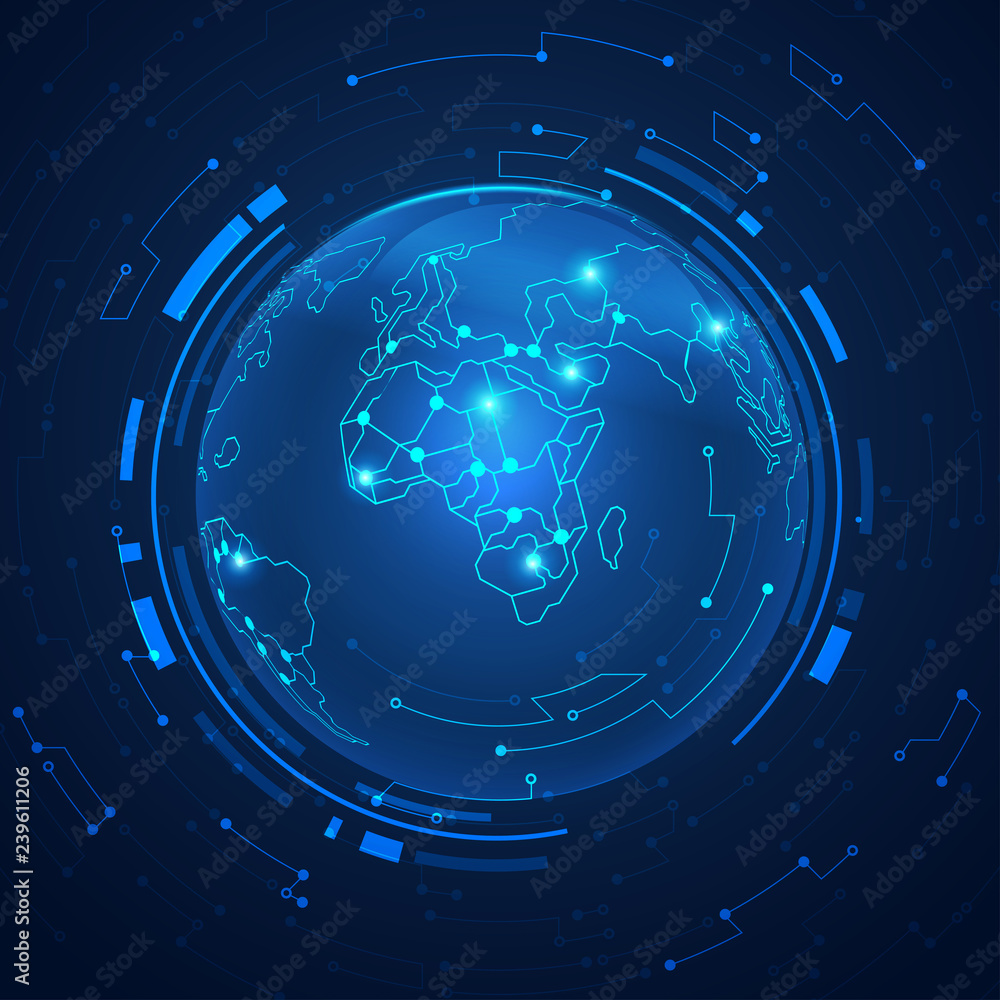 Poster concept of communication world or global network, graphic of globe combined with electronic pattern