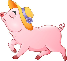 Cartoon pig walking with straw hat